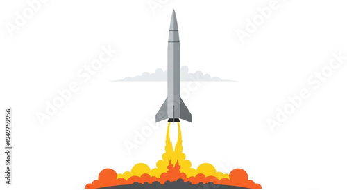 Rocket Launching into Space with Flames and Smoke.