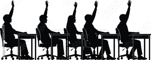 Black silhouette of five students sitting at desks with hands raised in a classroom setting, isolated on white background, education concept,
