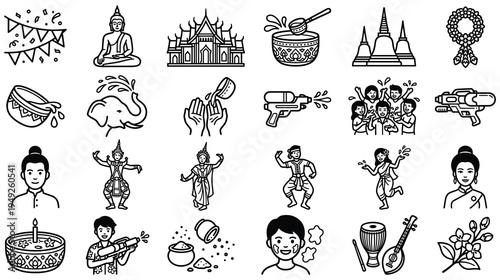 Songkran festival icons and symbols isolated on white background line art