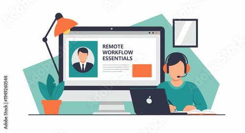 Professional Person Working Remotely with Laptop and Monitor Flat Vector Illustration
