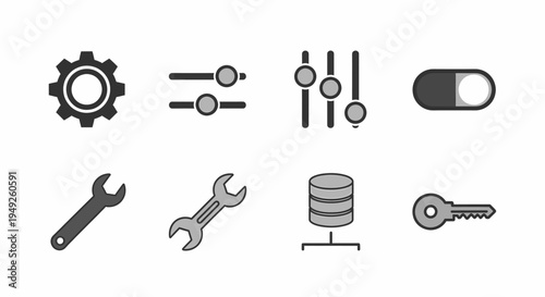 Flat Vector Icon Set of Settings Adjustments Tools Database and Key for Web Interface Design