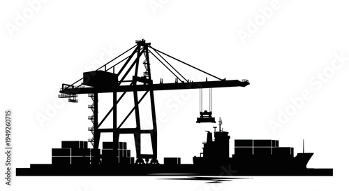 Silhouette of container ship loading and unloading at port with crane
