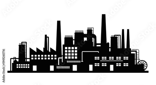 Silhouette of a large industrial factory with smokestacks, against a white background.