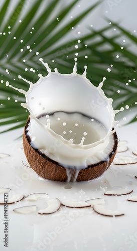 Coconut Milk Splash - Fresh Tropical Drink with Palm Leaf Backdrop.
