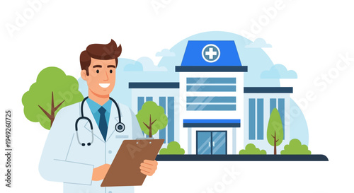 Smiling Doctor with Clipboard Outside Modern Hospital Building, Healthcare Concept
