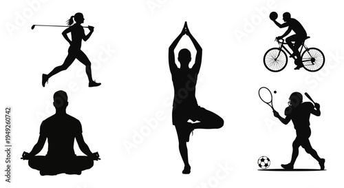 Sports and Fitness Silhouette Icons: Yoga, Running, Cycling, Tennis, Golf, Football
