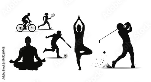 Sports and Fitness Silhouettes: Yoga, Cycling, Tennis, Golf, Baseball, Running