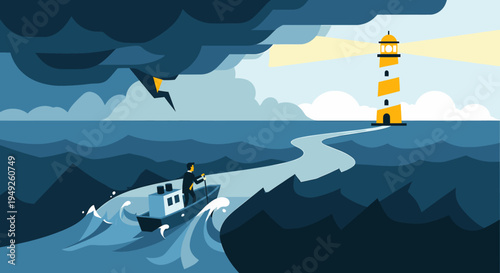 Man in a Boat Navigating Turbulent Dark Sea Towards a Bright Distant Lighthouse Flat Illustration