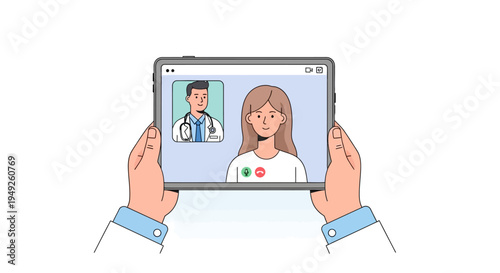 Telemedicine consultation: patient talking to doctor on tablet screen via video call