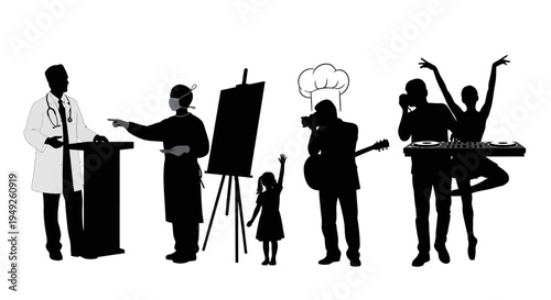 Diverse professions and hobbies silhouettes on white background