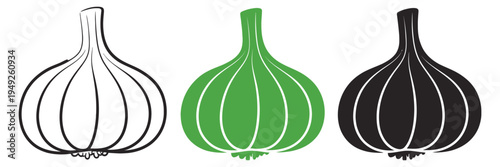 Garlic Bulb Icon Set, white, green, and black vector illustration