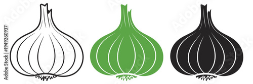 Garlic Bulb Icon Set, white, green, and black vector illustration