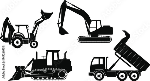 Silhouettes of construction vehicles including backhoe loader, excavator, bulldozer, and dump truck representing heavy machinery, earthmoving, building, and industrial work
