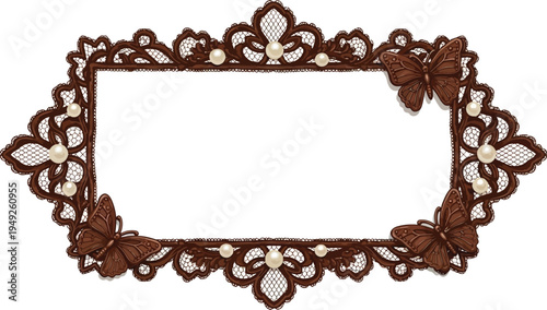 A beautifully designed brown lace frame with butterflies and pearls on a white background