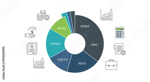 Financial pie chart with business icons, revenue, profit, assets, liabilities, expenses