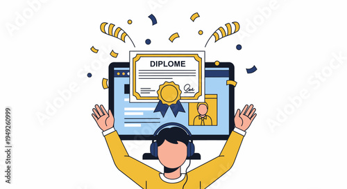 Illustration of a Person Celebrating Online Graduation with Diploma and Confetti