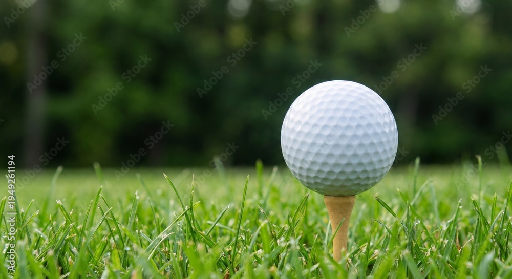 Obraz premium A white golf ball rests on a wooden tee in lush green grass A white golf ball rests on a wooden tee in green grass with trees in the blurred background
