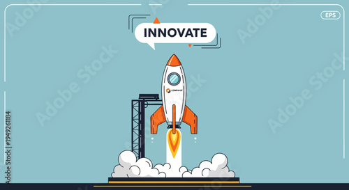 Rocket Launching with Innovate Text Bubble - Business Startup Concept