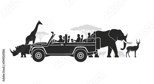 Safari adventure with people in a jeep observing wildlife and savanna landscape