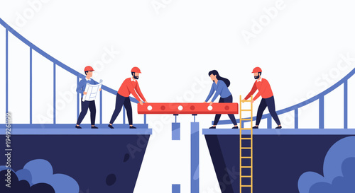 Construction Team Building Bridge Connecting Two Cliffs with Blueprint and Ladder