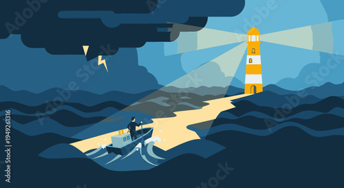 Stormy Sea Navigation Small Boat Approaches Bright Lighthouse Beacon on Island Shore