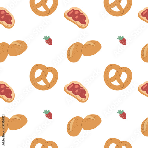 Cute bakery seamless pattern with pretzels buns and jam toast