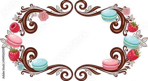 A colorful illustration of a decorative frame with macarons and strawberries on a white background