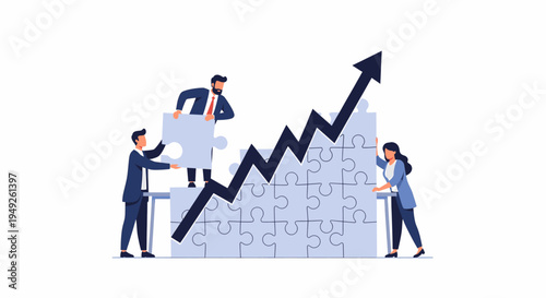 Business Team Collaboration Building Jigsaw Puzzle with Upward Growth Arrow Chart Flat Vector Illustration