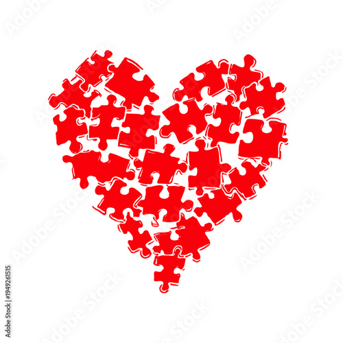 A vibrant red heart is meticulously formed from numerous interlocking puzzle pieces against a stark solid black background high quality professional detailed modern elegant stylish clean