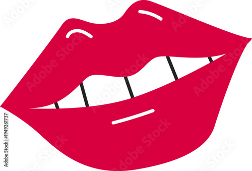 A vibrant stylized illustration depicts a pair of bright red lips slightly parted revealing a glimpse of white teeth with black lines high quality professional detailed