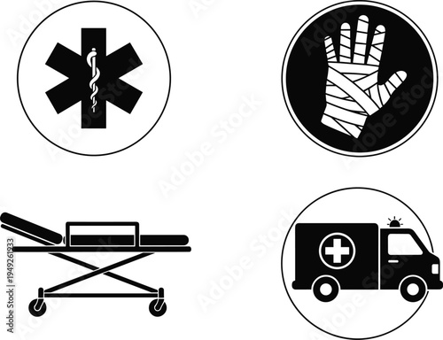Medical emergency icon set featuring star of life, bandaged hand, hospital stretcher, and ambulance vehicle silhouettes for healthcare, first aid, and urgent care design