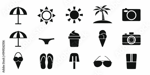 Black silhouette icons depicting summer vacation and tropical elements
