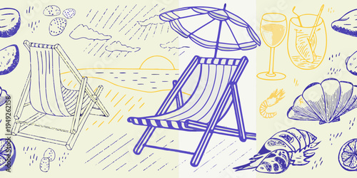 A vibrant sketched pattern evoking a relaxing summer beach scene