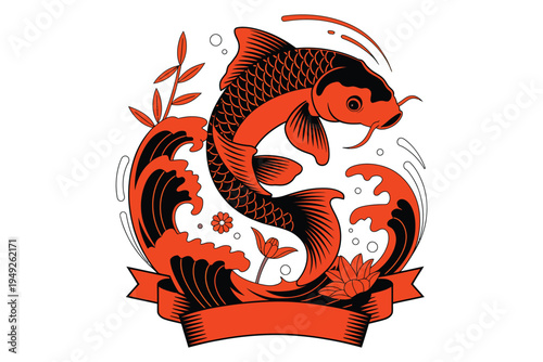 Japanese koi fish swimming through stylized orange waves surrounded by decorative ribbon and lotus flowers