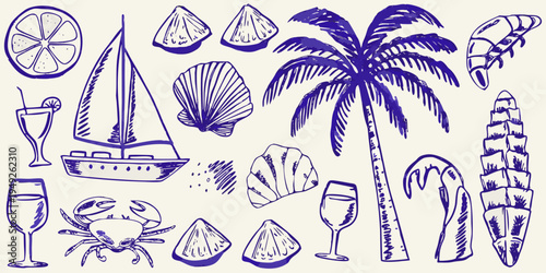 Blue line drawing of summer elements shells boat palm tree and drinks