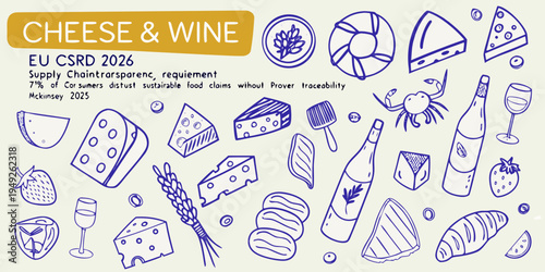 Hand drawn illustration of cheese wine and accompanying food items