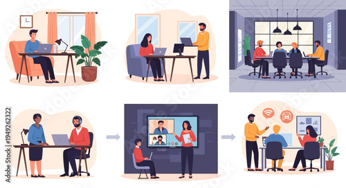 Modern Work Evolution: Hybrid Office, Remote Teams, Virtual Meetings & In-person Collaboration. Business People Adapting to Flexible Work Models.
