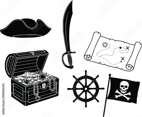 Pirate treasure hunt vector illustration with sword and map flat design