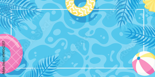 Summer themed background with pool floats and tropical leaves