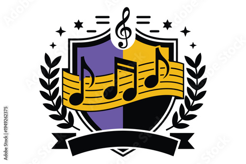 Music shield emblem with treble clef and musical notes on a purple and gold background with laurel wreath and stars