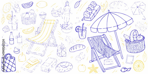A whimsical sketch of summer items including food beach chairs and drinks