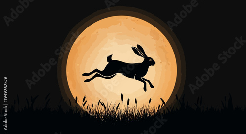 Silhouette of a rabbit jumping in front of a full moon at night.