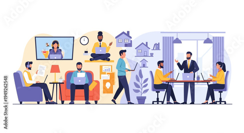 Hybrid Work Model Illustration: Remote Team Working from Home and Office Collaboration