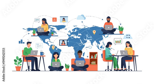 Worldwide Remote Work & Global Collaboration. Diverse Teams Connecting Digitally for Online Productivity and Future of Work.