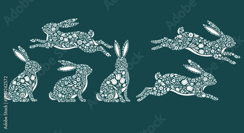Collection of six decorative rabbits in various poses, adorned with intricate floral patterns.