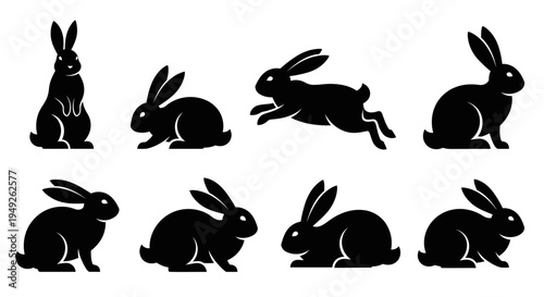 Collection of black rabbit silhouettes in various poses, showcasing different movements and stances.