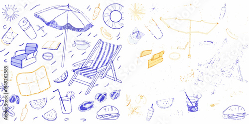 A colorful sketch depicting various summertime beach items and treats
