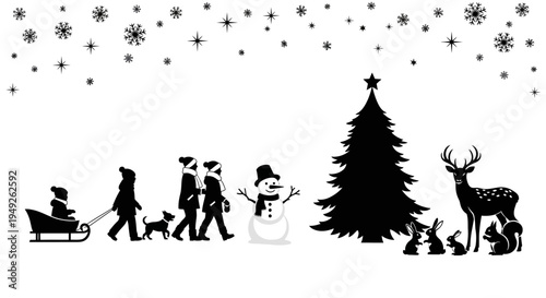 Christmas winter wonderland with Santa Claus, reindeer, snowman, and rabbits.