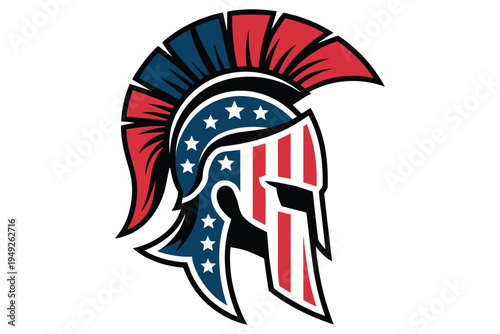 Spartan helmet silhouette with american flag stars and stripes pattern for patriotic warrior spirit and military strength graphic design