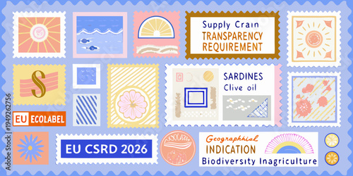Colorful postage stamps with various designs and text related to supply chains